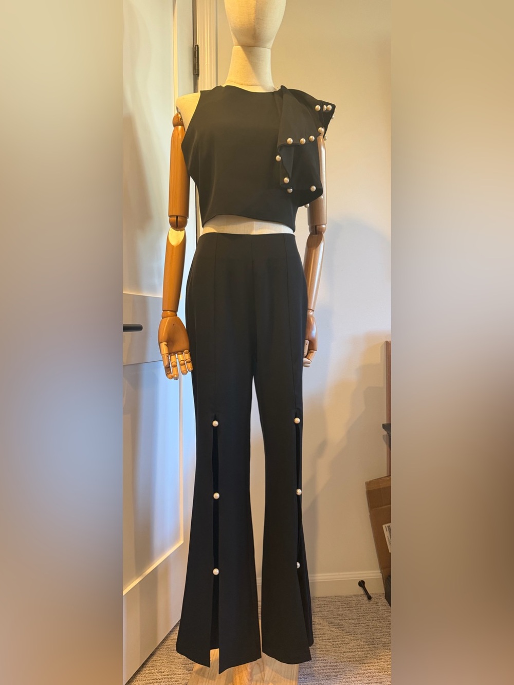 Women's Black High-Rise Pearl-Embellished Trousers and top set